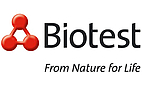 Rotes stilisiertes Molekül mit drei Kugeln und Verbindungen neben dem Schriftzug 'Biotest' und dem Slogan 'From Nature for Life'