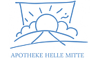 Linienzeichnung einer aufgehenden Sonne über Hügeln mit Strahlen und dem Text 'APOTHEKE HELLE MITTE' darunter