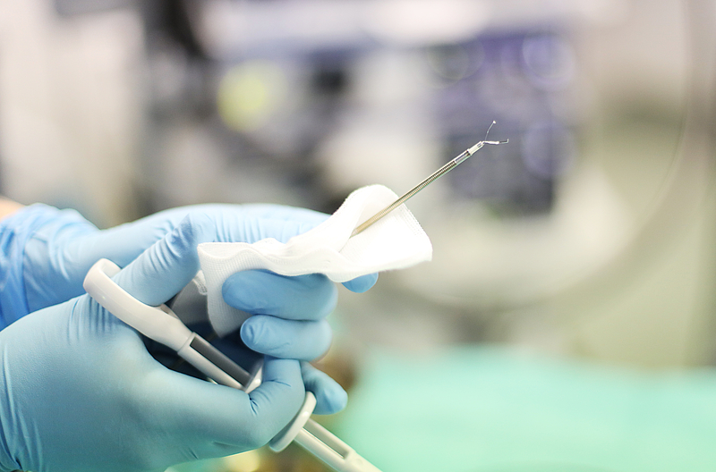 Biopsiezange in Händen mit OP-Handschuhen